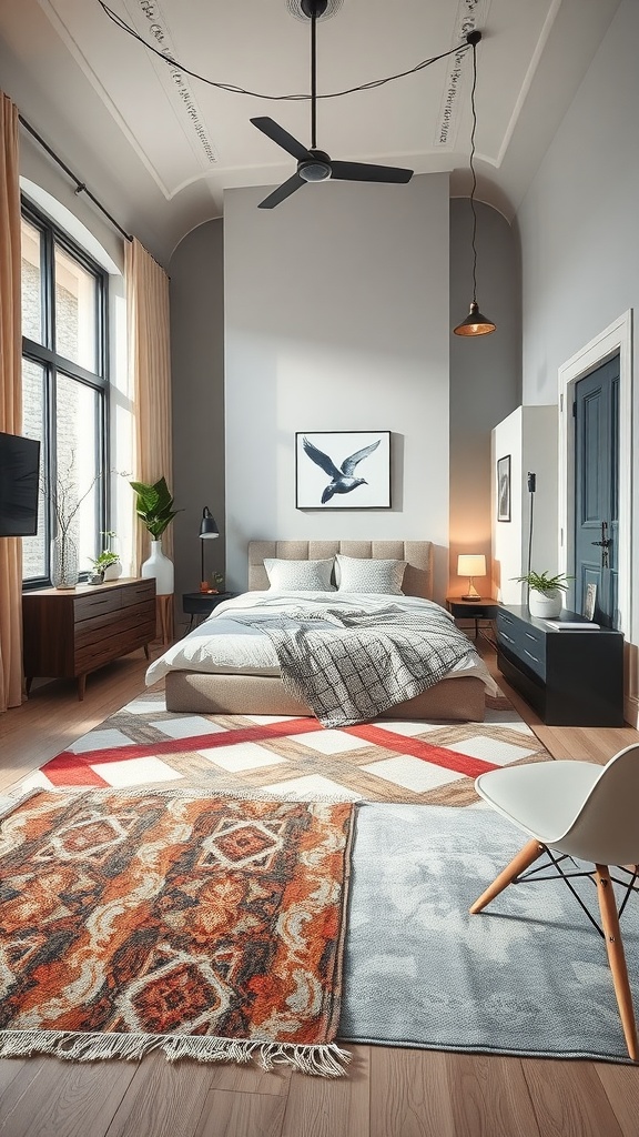 A modern luxury bedroom with layered rugs, showcasing different patterns and textures.