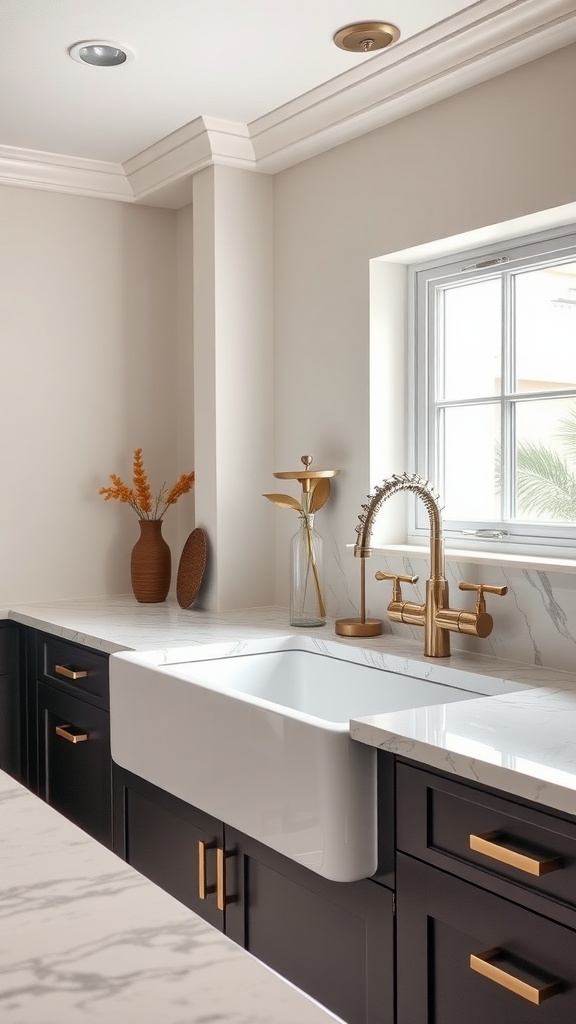 A modern kitchen featuring a unique farmhouse sink with gold fixtures and dark cabinetry.