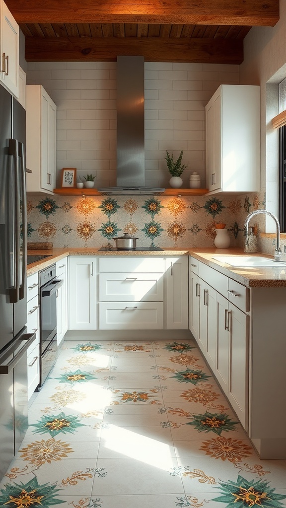 A modern kitchen featuring unique floral tile designs on the floor and a matching backsplash.