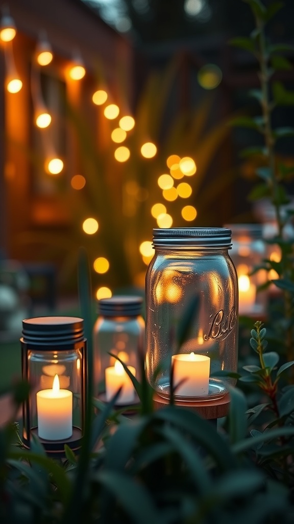 A collection of glass jar lanterns lit with candles, surrounded by greenery, creating a cozy evening atmosphere.