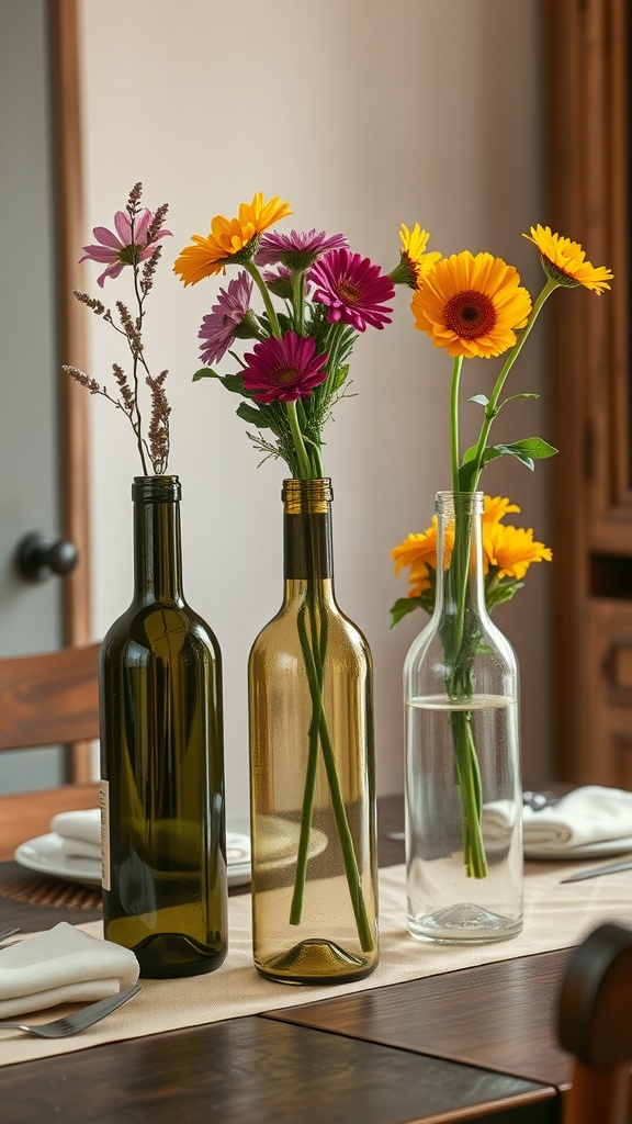 Three upcycled wine bottle vases with flowers on a wooden table.