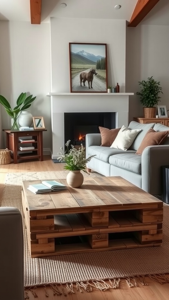 A cozy living room featuring an upcycled wooden pallet coffee table, gray sofa, and a fireplace.