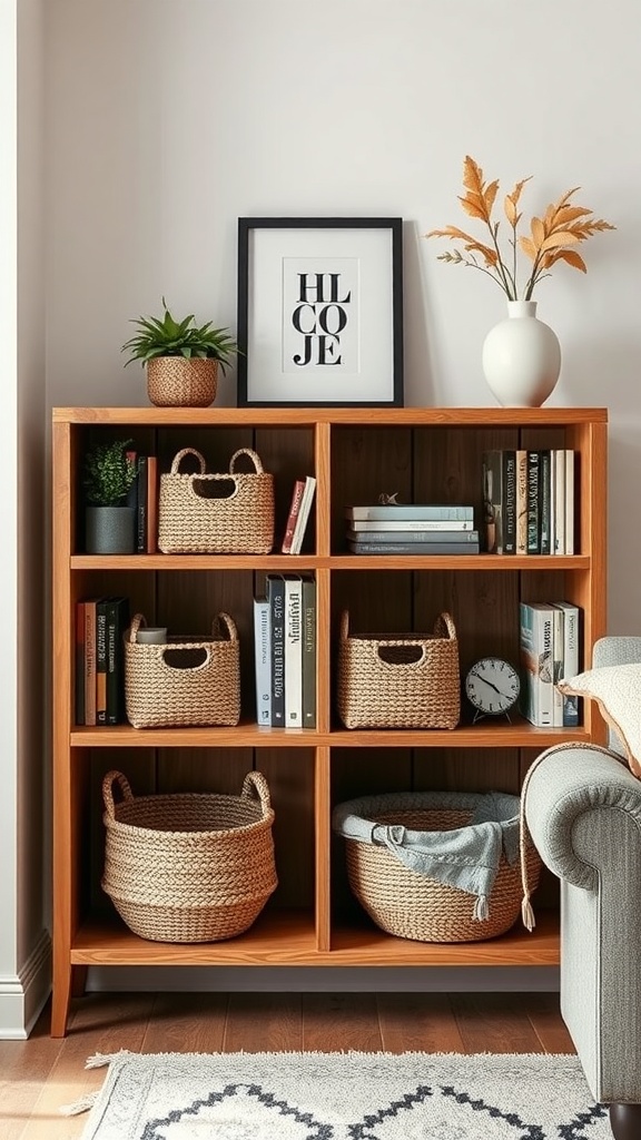 A wooden bookshelf with woven baskets, books, plants, and decor in a cozy living room setting.