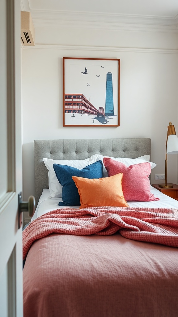 A cozy bedroom with colorful throw pillows on a bed, showcasing a modern chic style.