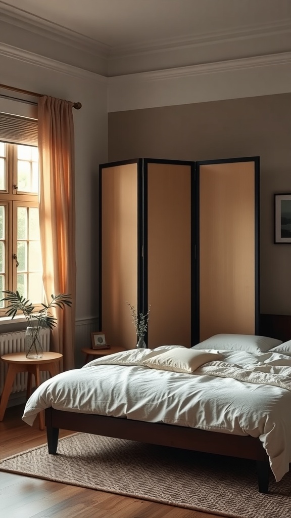 A cozy bedroom featuring a folding screen for division, showcasing a chic and modern design with natural light.