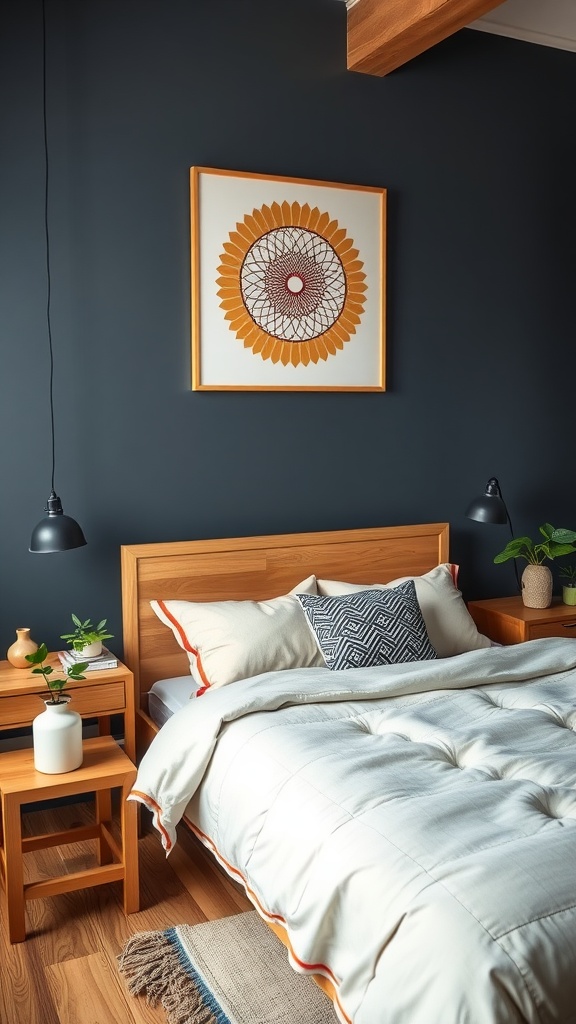 A cozy Japandi bedroom featuring geometric decor elements.