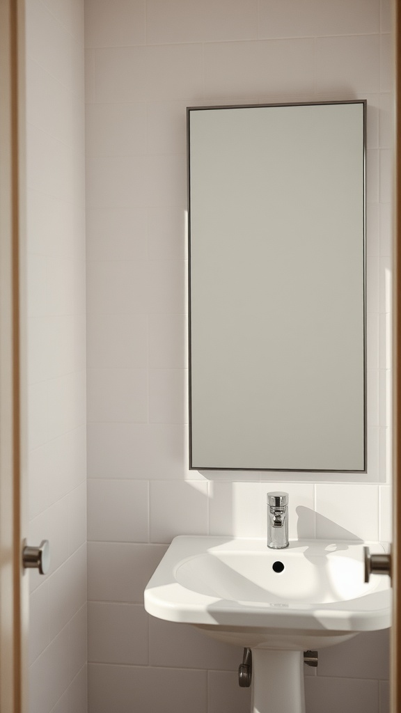 A small bathroom featuring a modern mirror above a white sink with light tiles.