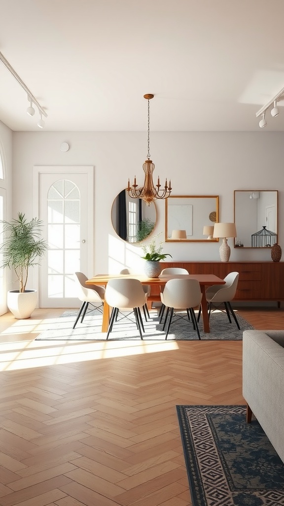 A stylish living room dining room combo featuring a large round mirror, chandelier, and elegant furnishings.