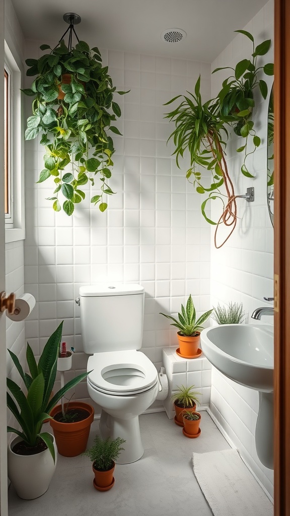 A small bathroom decorated with various plants, including hanging plants and potted plants, creating a fresh and vibrant atmosphere.