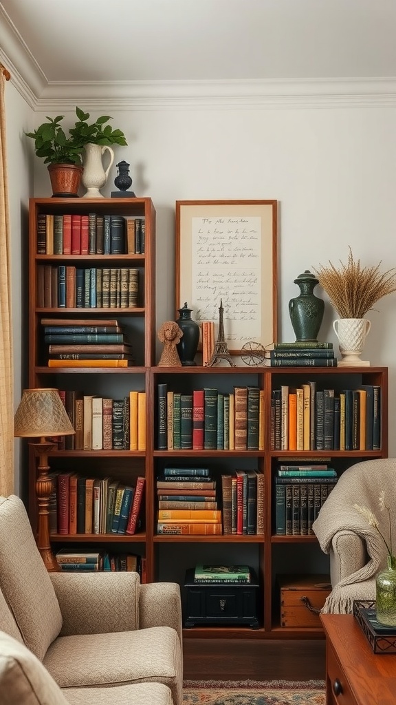A cozy living room bookshelf filled with vintage books, decorative items, and a plant.