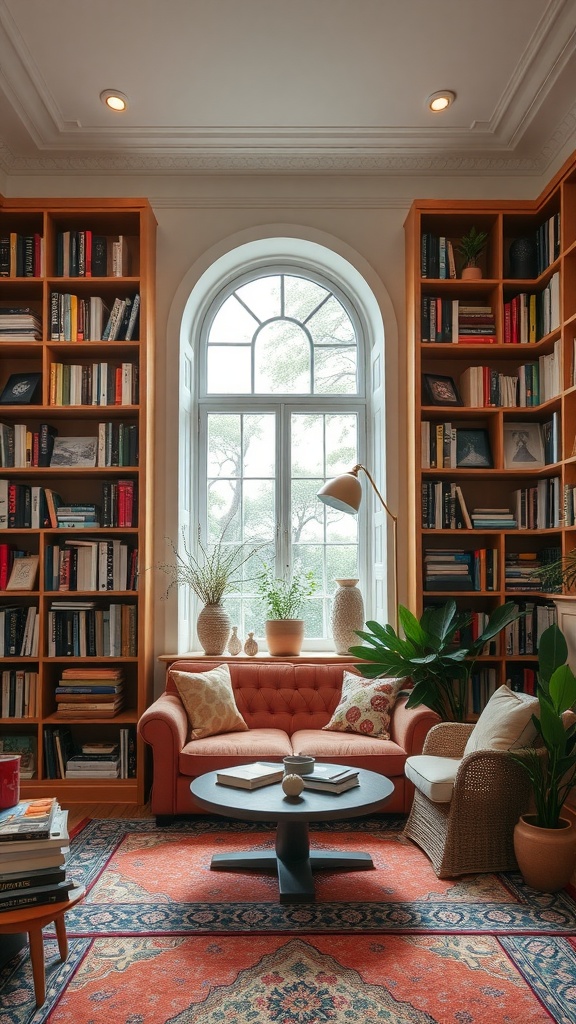 A cozy living room featuring a large window, bookshelves filled with books, a comfortable sofa, and decorative plants.