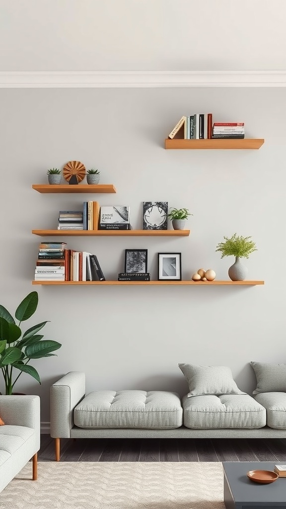 A modern living room with floating shelves displaying books and plants.