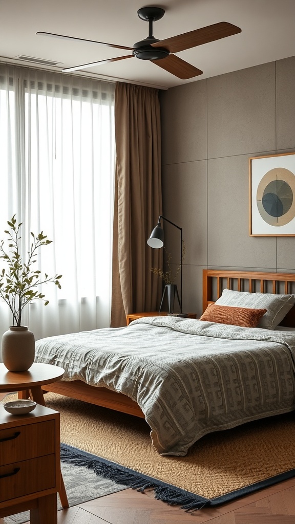 A cozy Japandi bedroom featuring a wooden bed, soft bedding, and handmade decor.