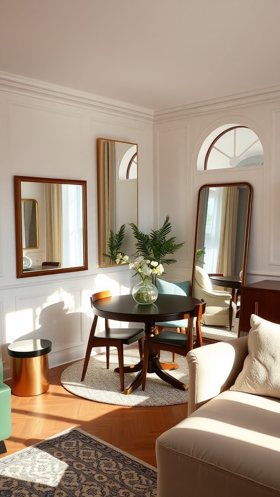 Cozy living room and dining area with mirrors reflecting light, creating an illusion of space.