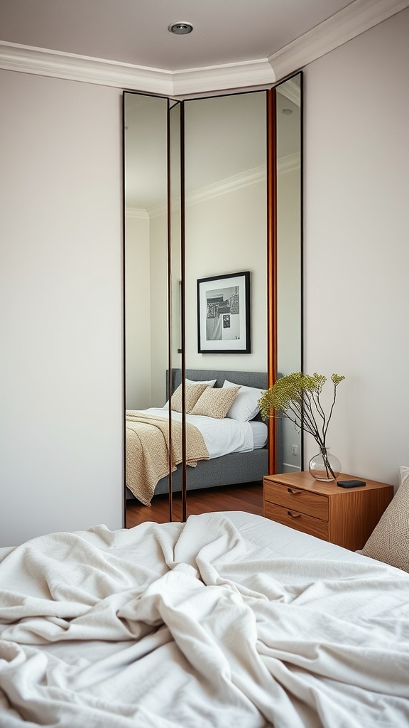 A cozy bedroom featuring large mirrors reflecting the room's design.