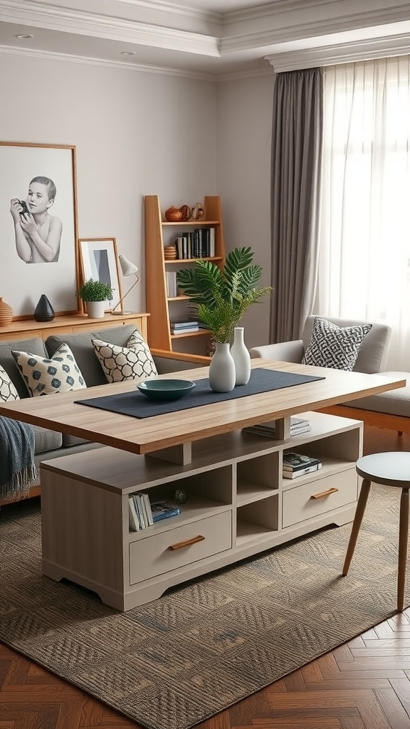 A stylish living room with a multi-functional coffee table that has storage, complemented by a cozy sofa and decorative elements.