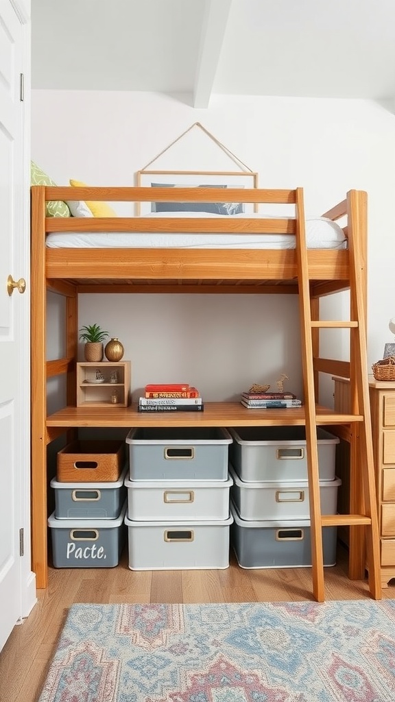 Cozy bedroom with a lofted bed and organized under-bed storage