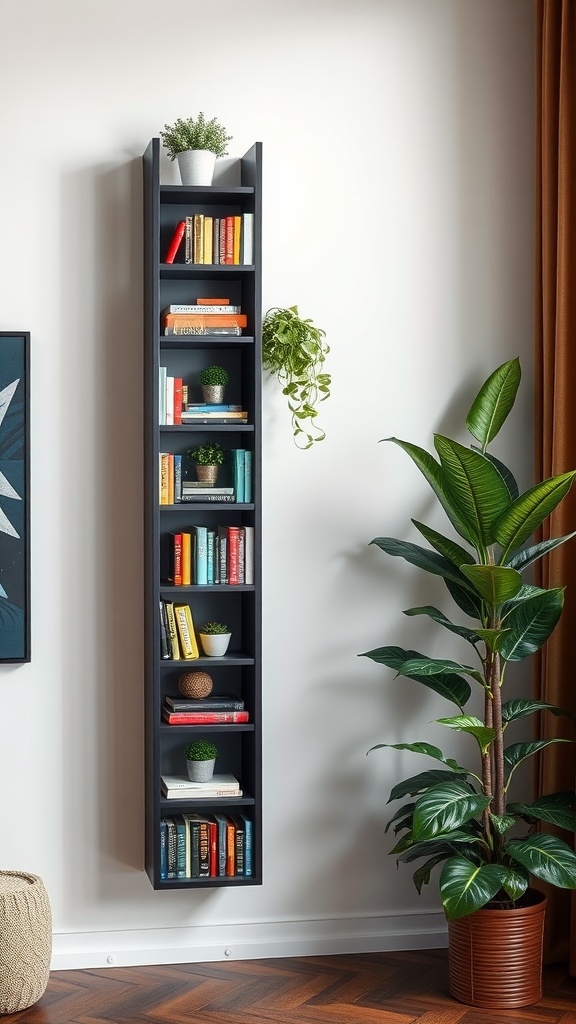 A tall vertical wall bookshelf with colorful books and small potted plants, positioned next to a large green plant.