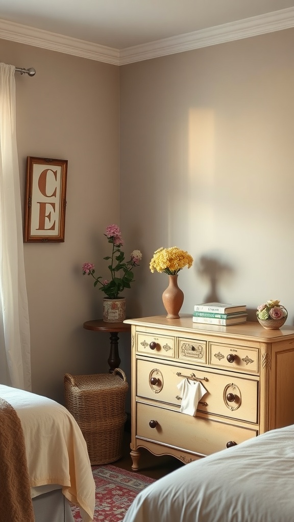 A vintage-inspired dresser in a cozy bedroom setting with flowers and books on top.