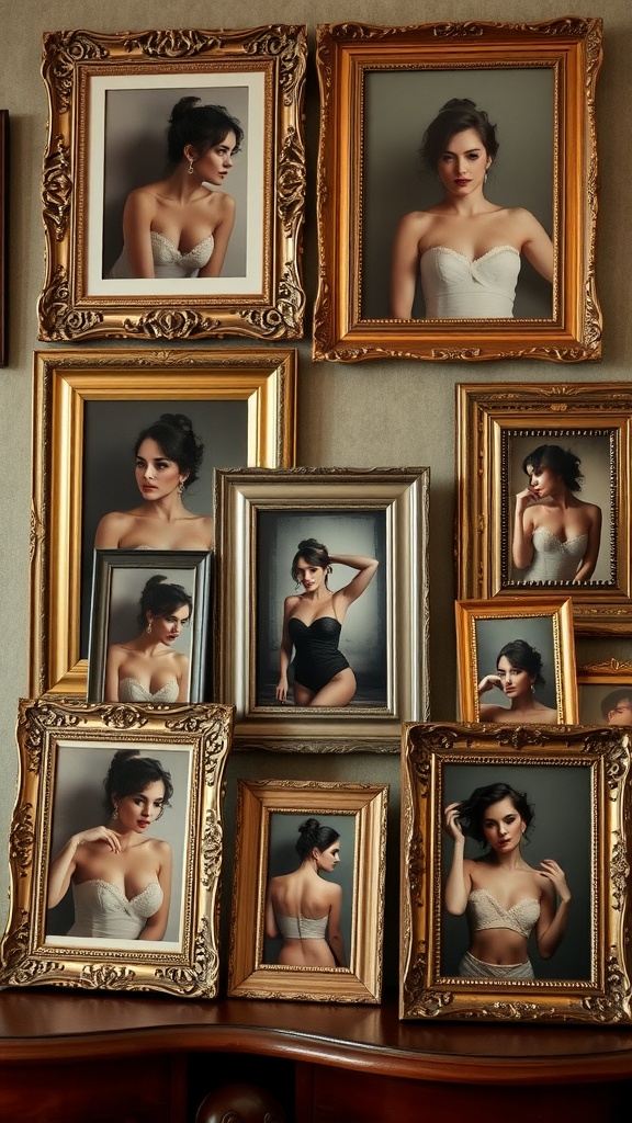 A collection of vintage-inspired picture frames with black-and-white photos and fresh roses on a dresser