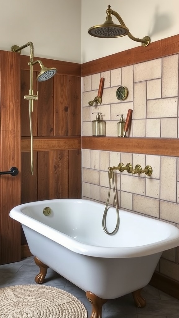 Rustic bathroom with vintage-style fixtures, including a freestanding bathtub and brass showerheads.