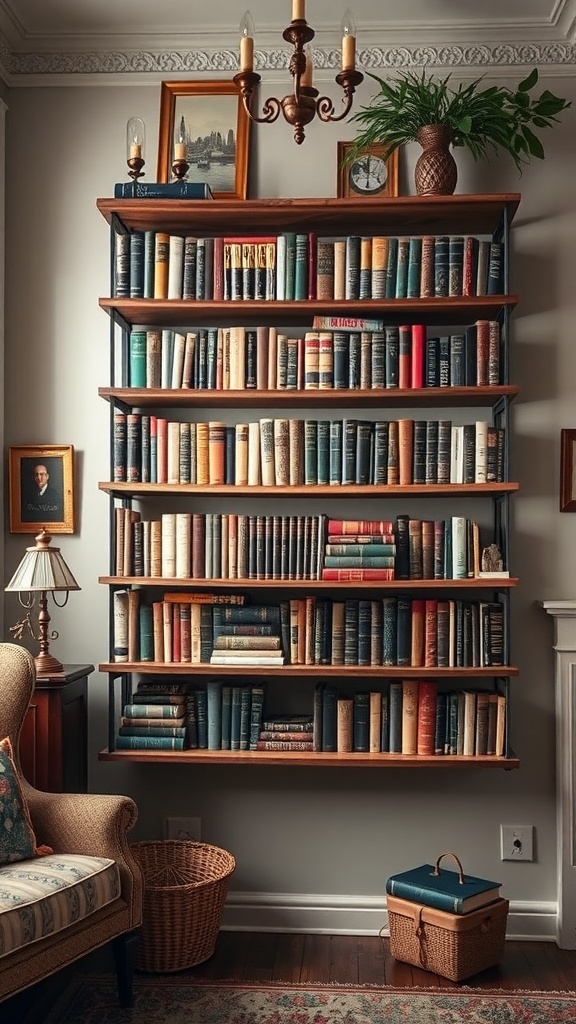 Vintage-style floating bookshelf filled with colorful books and decorative items in a cozy room