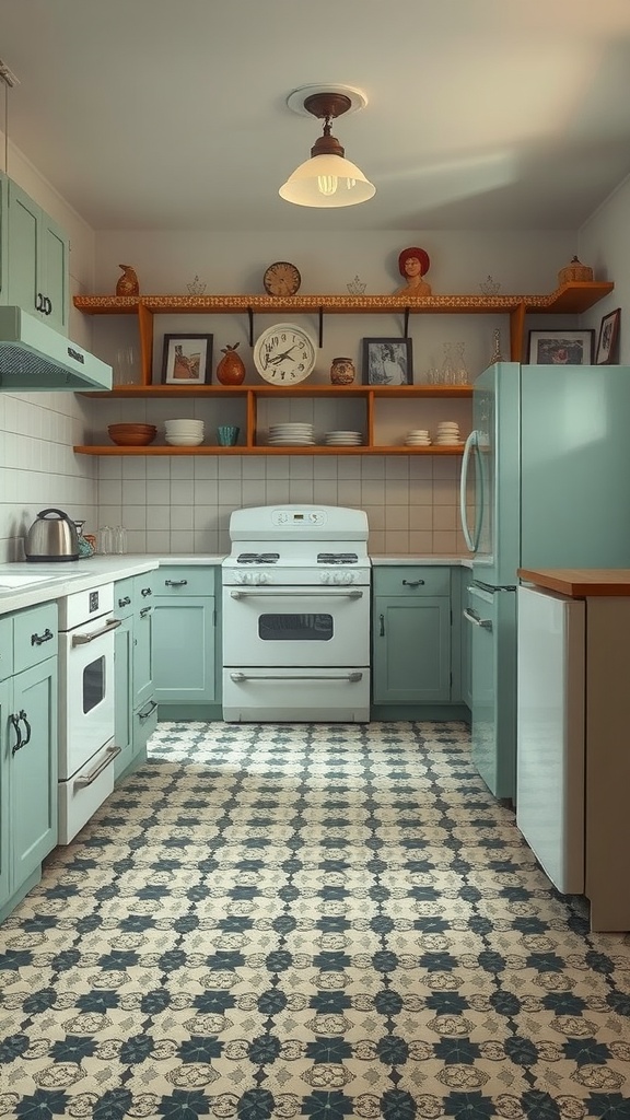 A kitchen with vintage-style linoleum flooring featuring a blue and beige pattern, pastel blue cabinets, and retro decor.