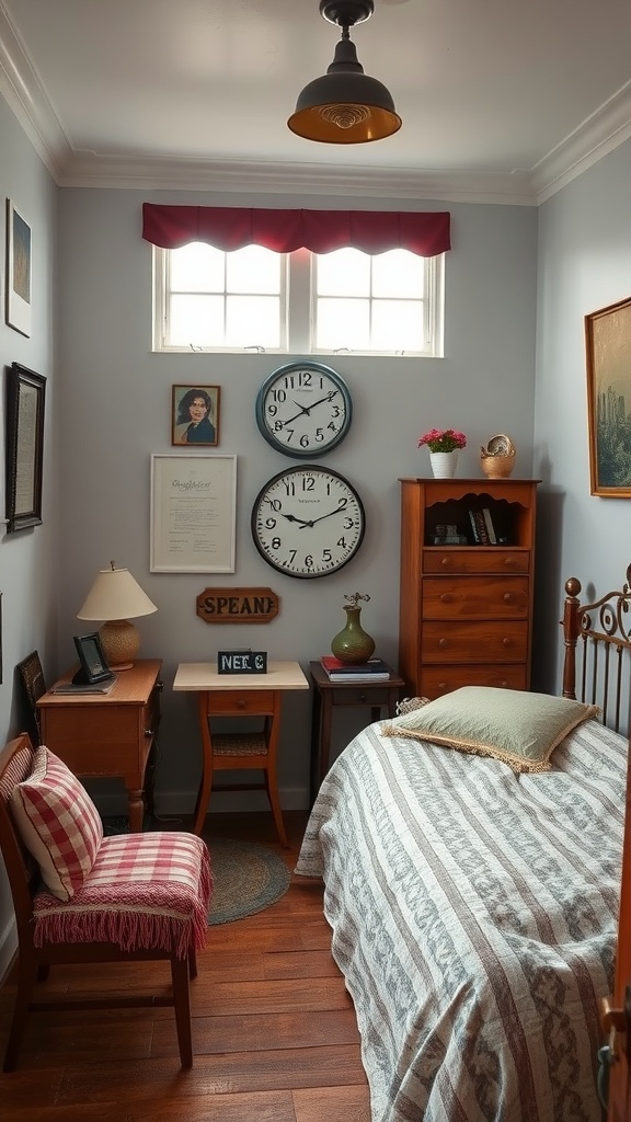 Cozy vintage bedroom featuring rustic decor, wooden furniture, and charming wall clocks.