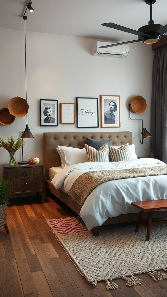 A modern luxury bedroom featuring vintage elements, including framed photographs, a wooden bed, and cozy textures.