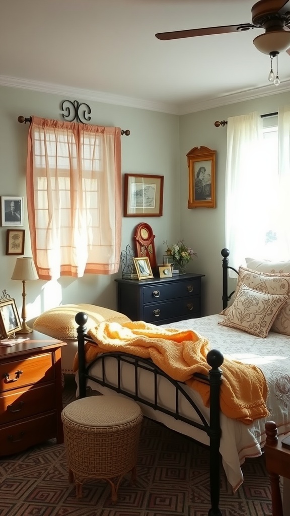 Cozy vintage bedroom with black metal bed frame, orange throw blanket, and wooden furniture