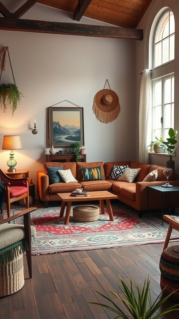 Cozy boho living room with vintage furniture, warm colors, and natural decor.