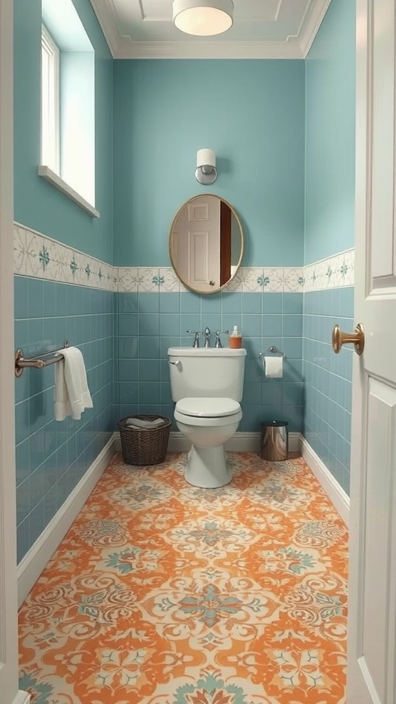 A small bathroom featuring vintage inspired patterned vinyl flooring in warm orange and blue.