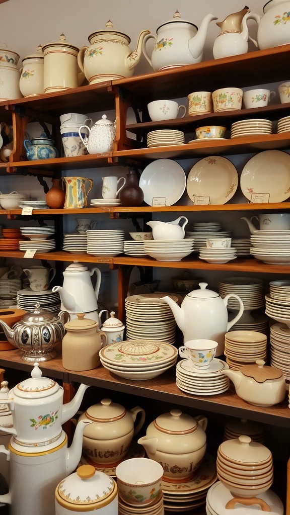 A collection of vintage kitchenware displayed on shelves, including teapots, plates, and cups.