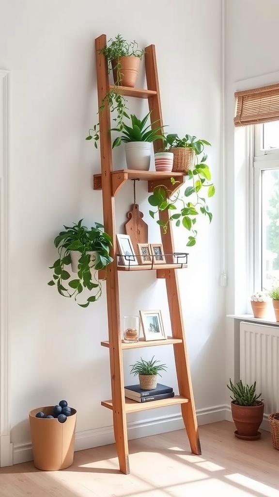 A vintage wooden ladder shelf decorated with plants and pictures in a bright room.