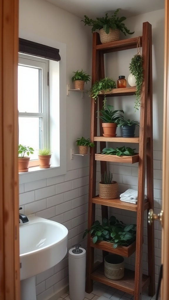 A vintage wooden ladder shelf in a rustic bathroom, adorned with potted plants and decorative items.