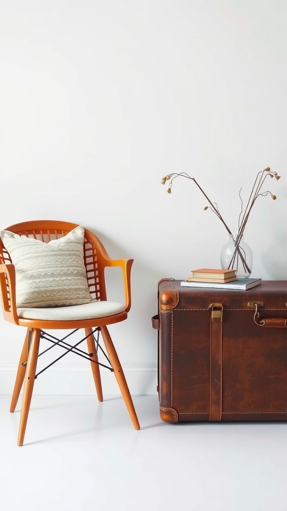 A vintage suitcase used as a side table next to a wooden chair with a cushion.