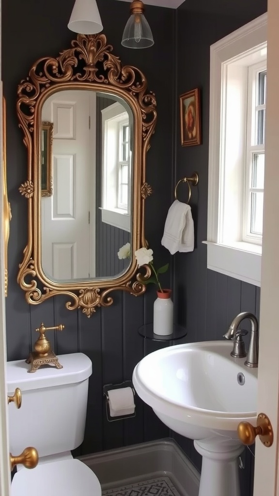 A small bathroom featuring a vintage golden mirror, elegant sink, and stylish light fixtures.
