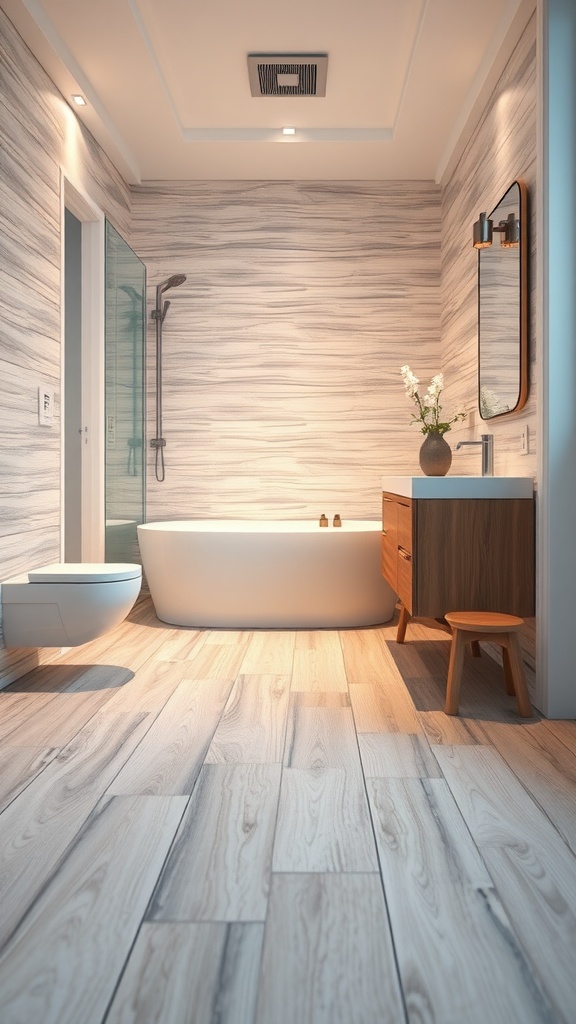 A modern bathroom featuring light wood-look vinyl plank flooring, a freestanding bathtub, and elegant fixtures.