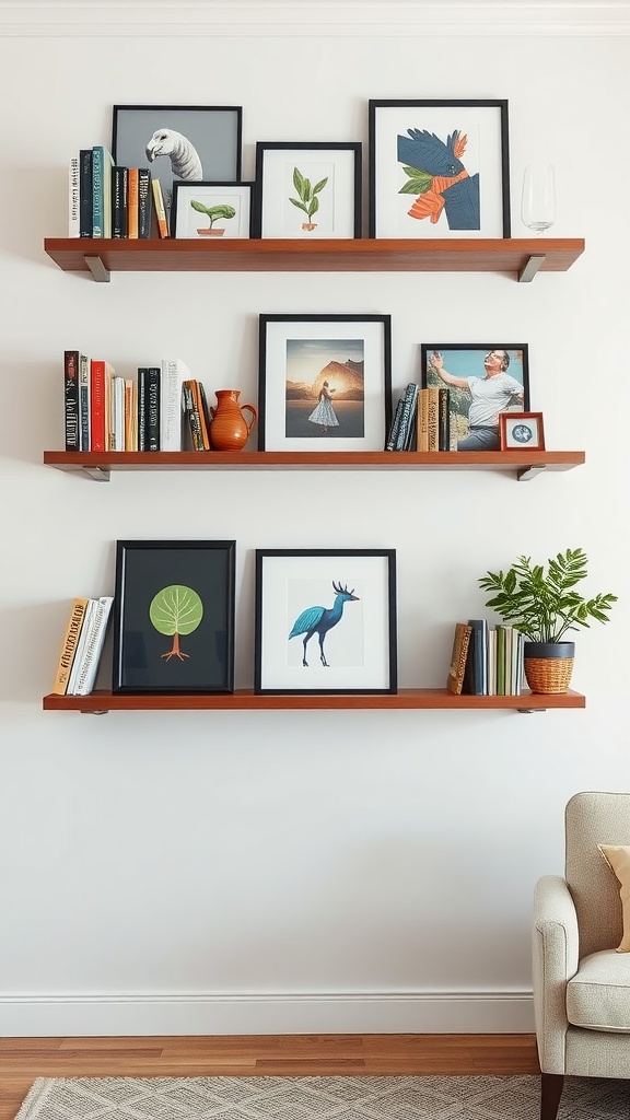 Stylish wall-mounted book display with books and framed artwork