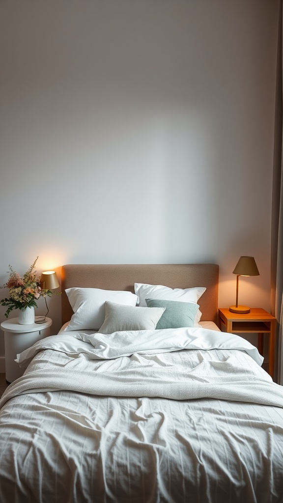 Cozy bedroom with wall-mounted lamps and layered bedding