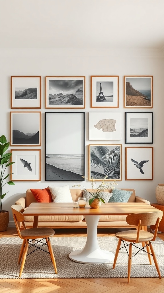 A cozy living room dining room setup featuring a wall of framed art, a wooden dining table, and a comfortable sofa.