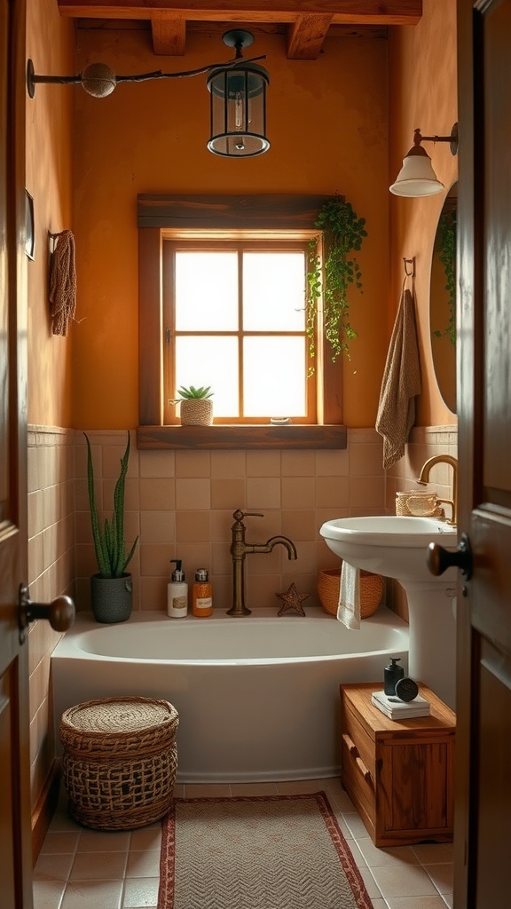 A small rustic bathroom featuring warm orange walls, wooden accents, a bathtub, and plants.