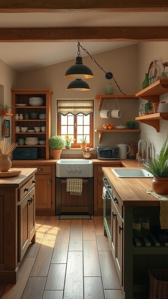 Cozy cottage kitchen with wooden cabinets, warm color palette, and natural light