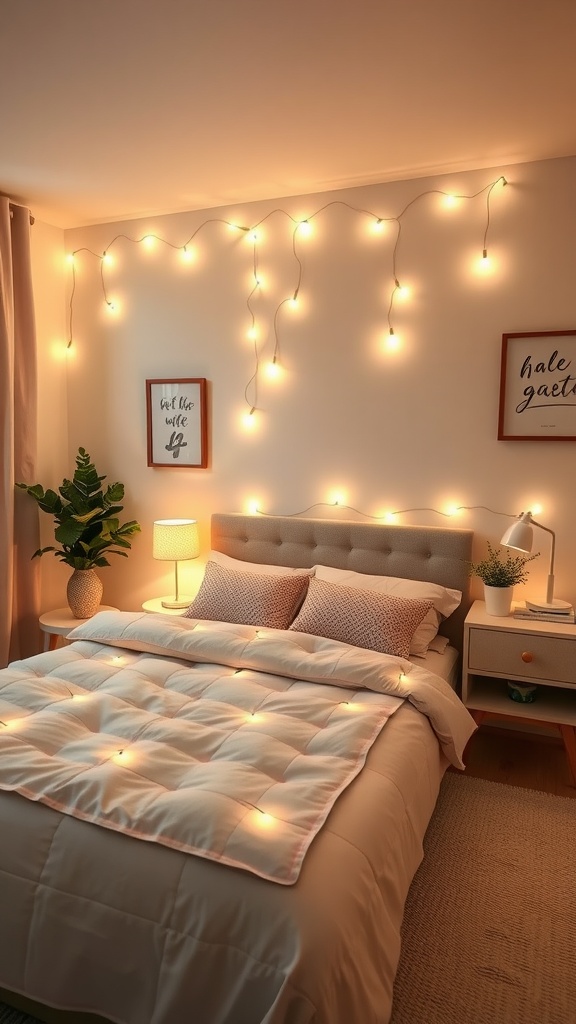 Cozy small bedroom with warm lighting, string lights, and a soft bed.