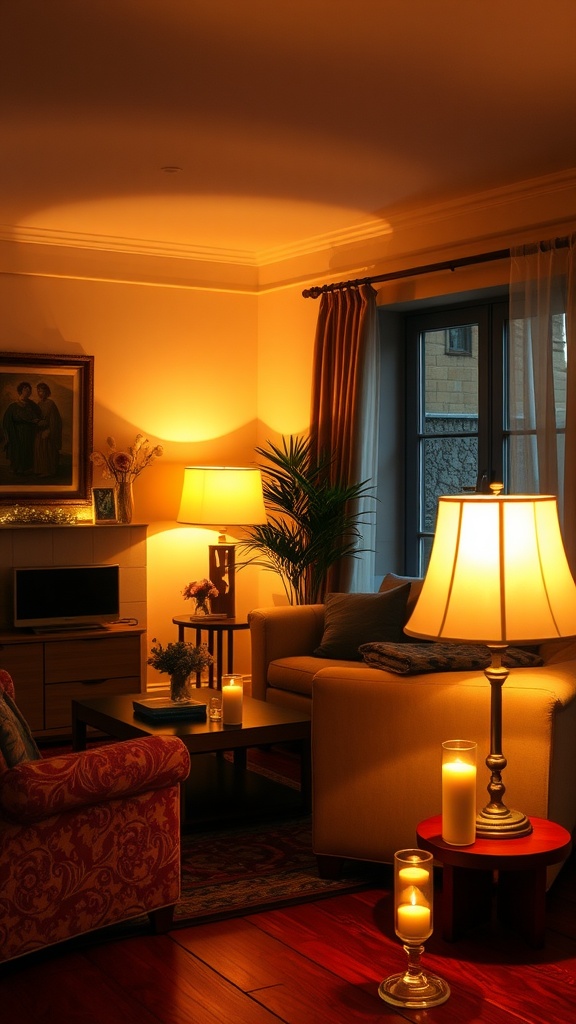 Cozy living room with warm lighting from lamps and candles.