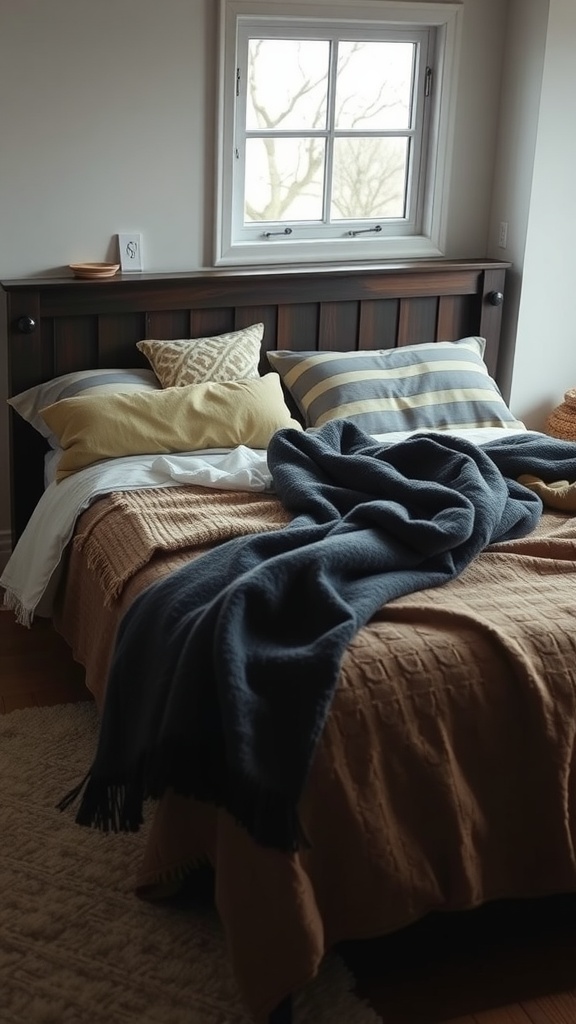 A cozy bedroom with a bed featuring layered blankets and a warm wool throw.