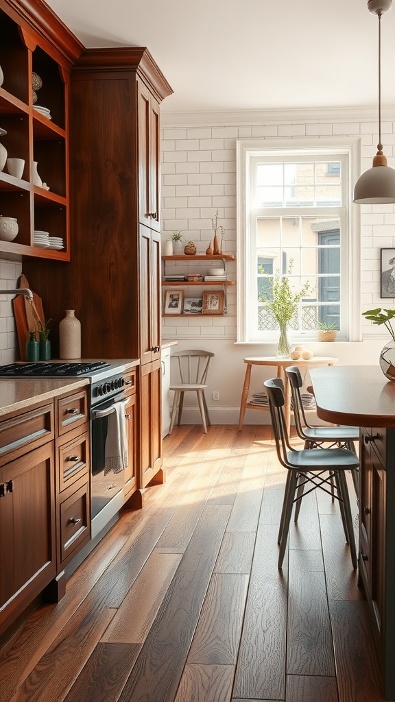 A cozy kitchen featuring a combination of natural wood cabinetry and sleek white tiles, illuminated by natural light from a window.