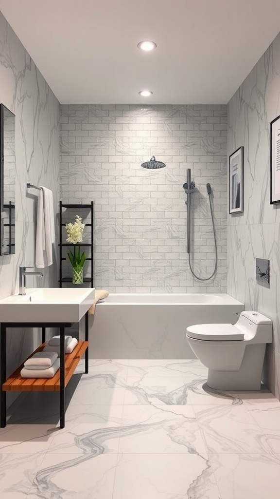 A modern bathroom with water-resistant vinyl flooring that resembles marble, featuring a shower, bathtub, and stylish decor.