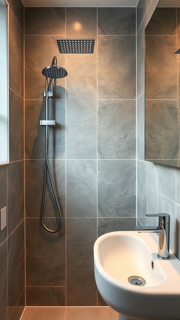 A modern small bathroom featuring a sleek shower with water-saving fixtures and a stylish sink.