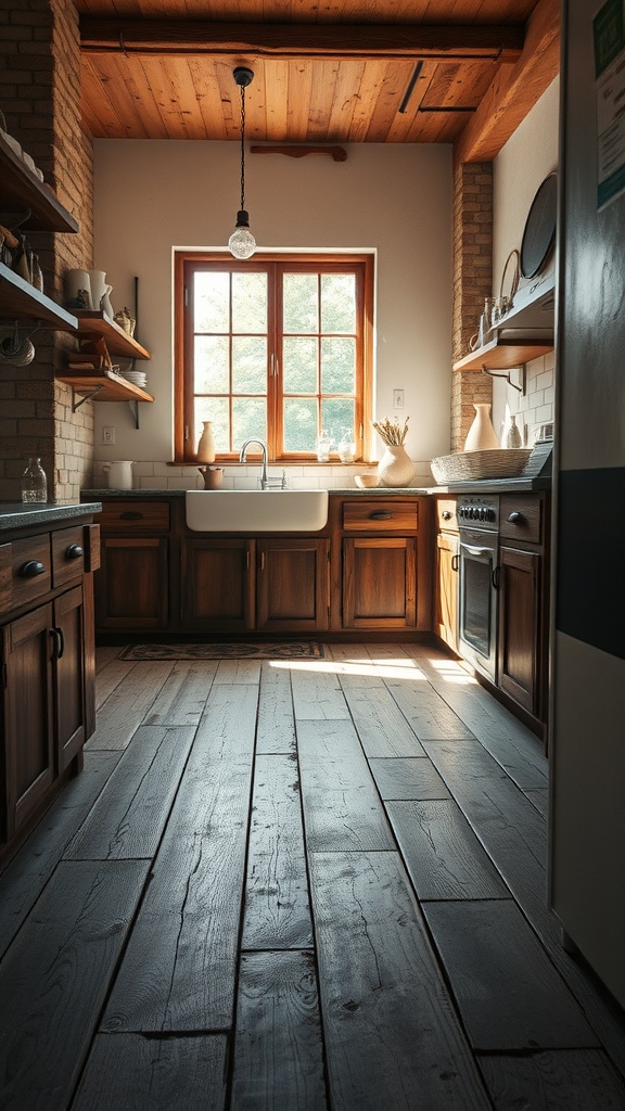 A rustic kitchen featuring weathered wood planks as flooring, with warm cabinetry and natural light.